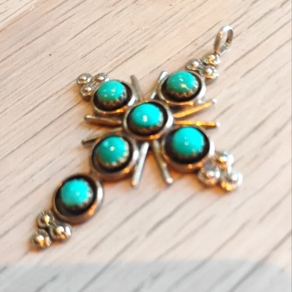Vintage Native American Zuni Blue Turquoise Sterling Cross Pendant Myra T Qualo